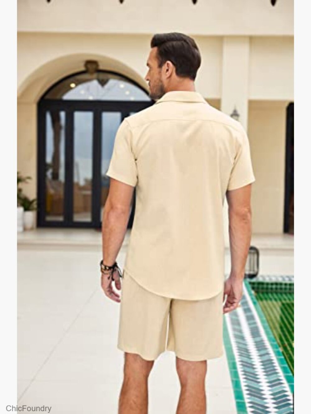 Men's Linen 2-Piece Set: Short Sleeve Button Down Shirt & Elastic Waist Shorts - Picture 4 of 7